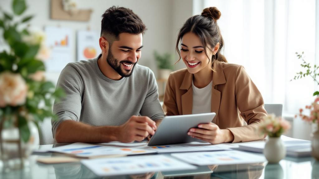 Young couple planning their marriage finances together while reviewing investment options