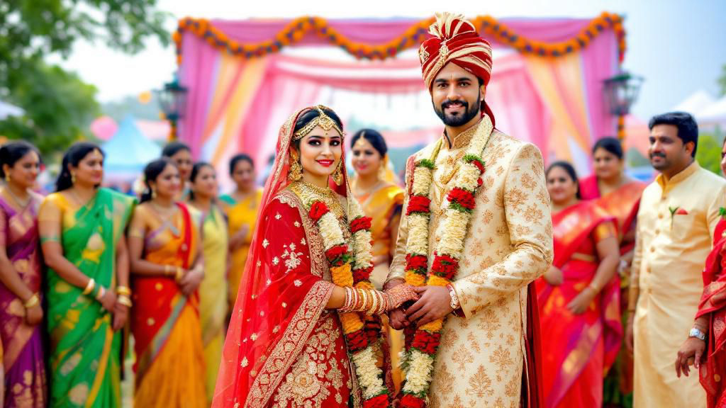 A smiling bride and groom in traditional Indian wedding attire during their ceremony.